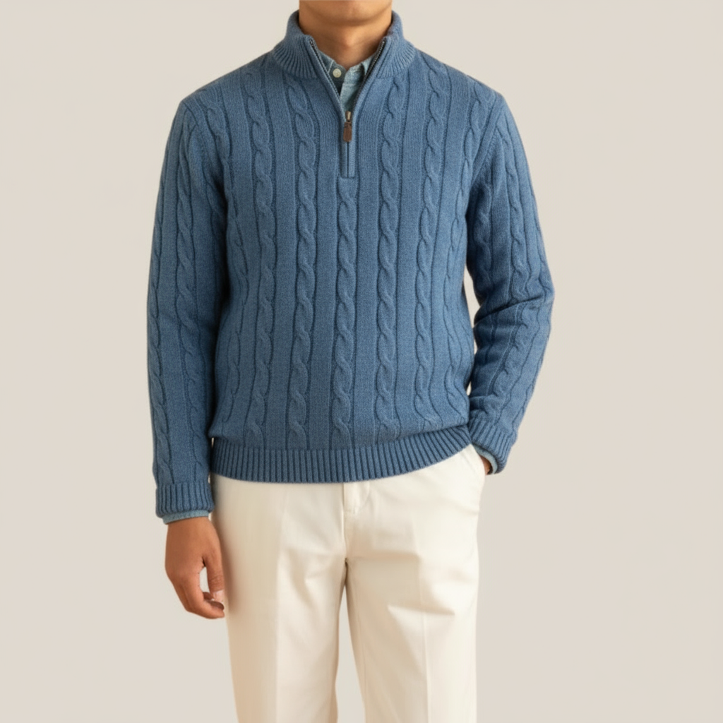 Stylish men's half-zip jumper featuring a classic stand collar. Versatile for smart casual outfits.