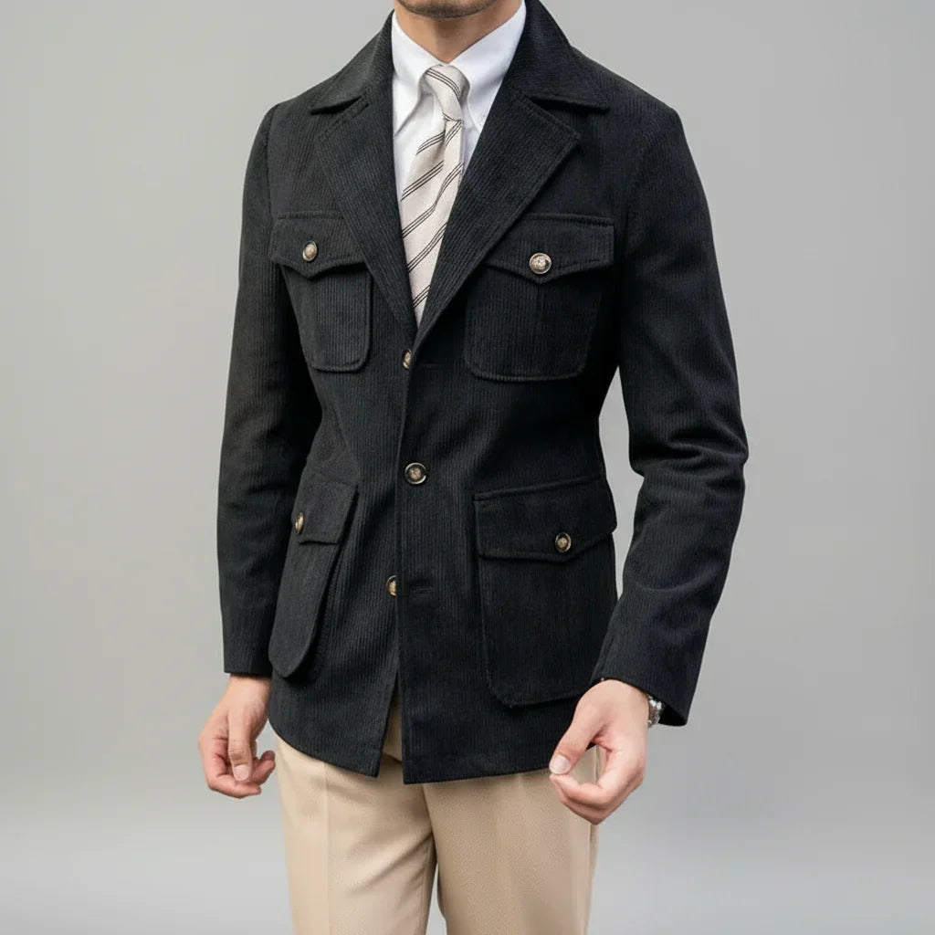 Men's classic herringbone blazer with gold-tone buttons, a stylish tailored jacket for business or smart casual wear.