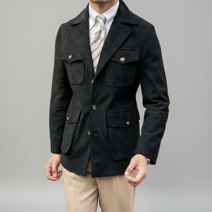 Men's classic herringbone blazer with gold-tone buttons, a stylish tailored jacket for business or smart casual wear.