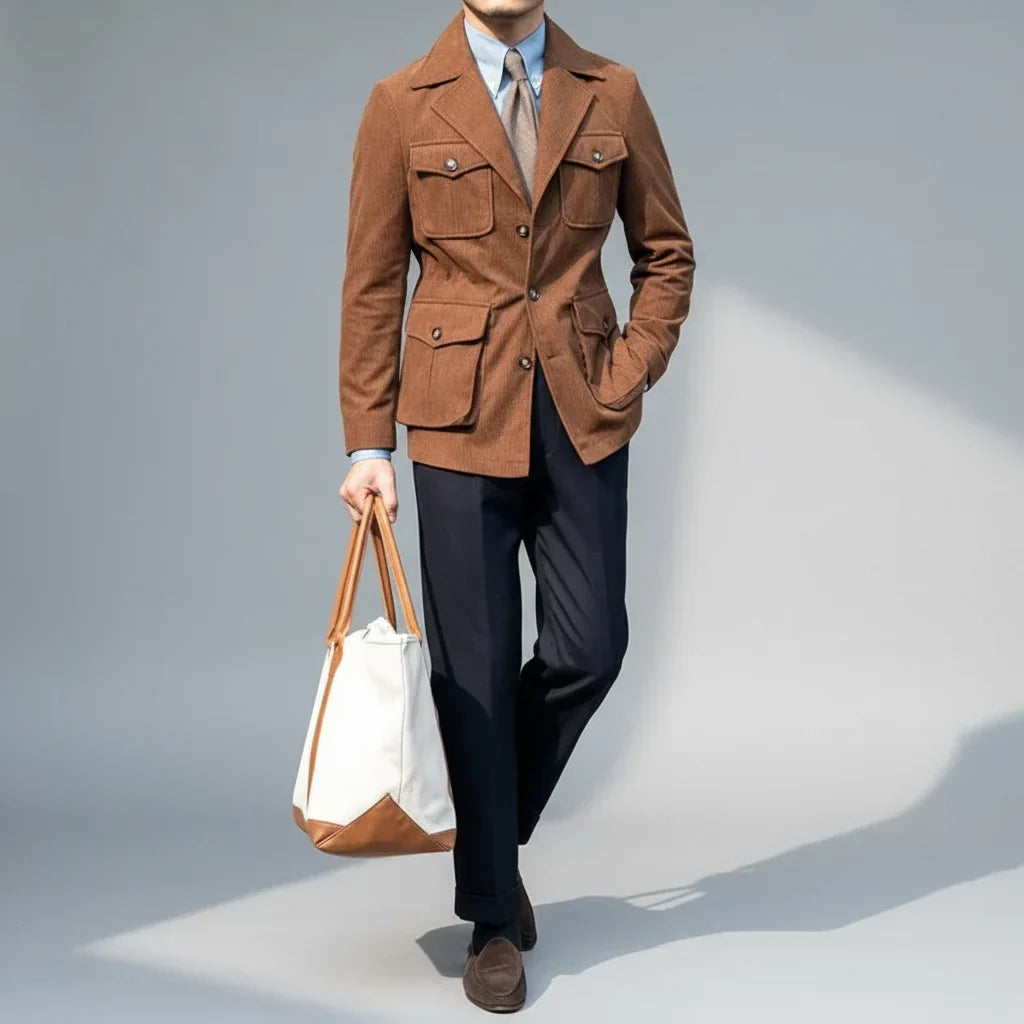 Professional men's herringbone blazer with distinctive gold-tone hardware, a modern and smart choice for men's fashion.