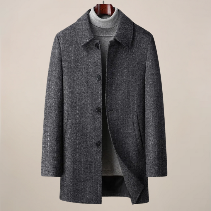 Men's classic herringbone car coat with a point collar & button front. Perfect fall/winter outerwear.