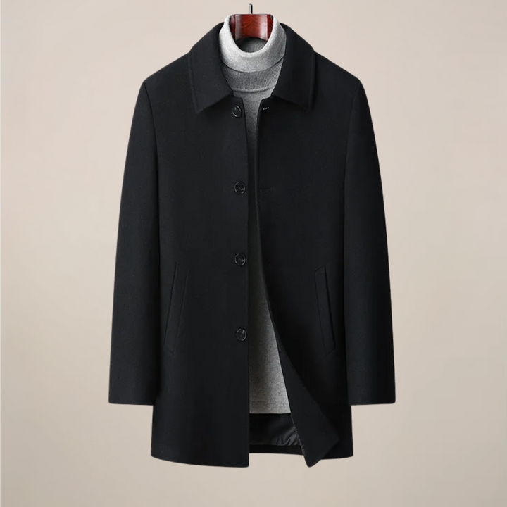 Men's tailored herringbone car coat, showing the sleek back design & comfortable fit for winter.