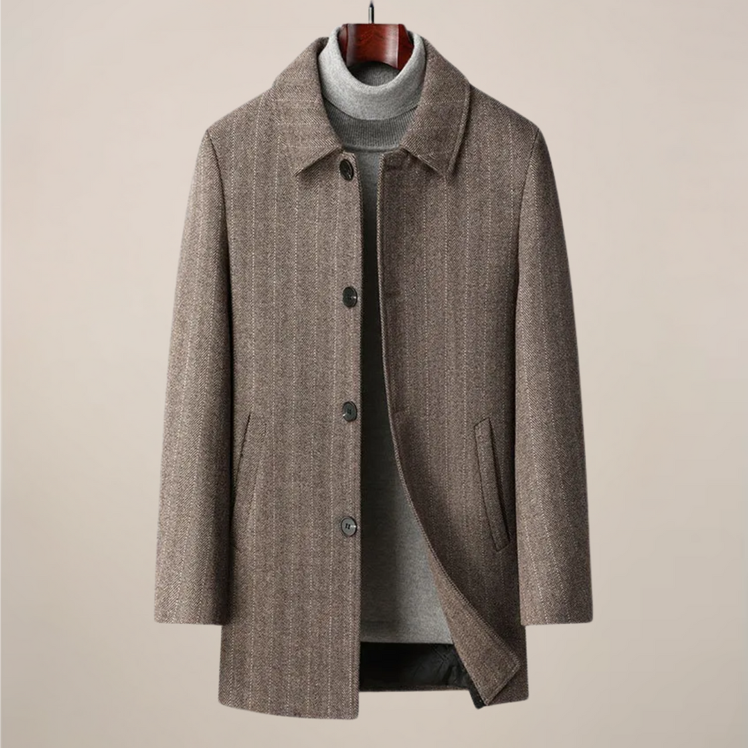 Men's elegant herringbone car coat. Classic point collar, button front. Premium fall/winter outerwear for men.