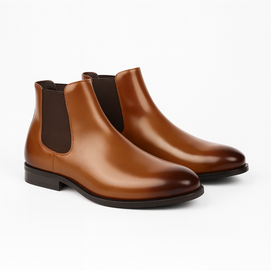 Men's classic high ankle Chelsea boots in brown leather, perfect for versatile everyday casual or formal wear.
