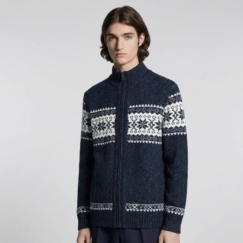 Men's classic knit winter cardigan with button front. Soft, long-sleeve layering piece for cold weather fashion.