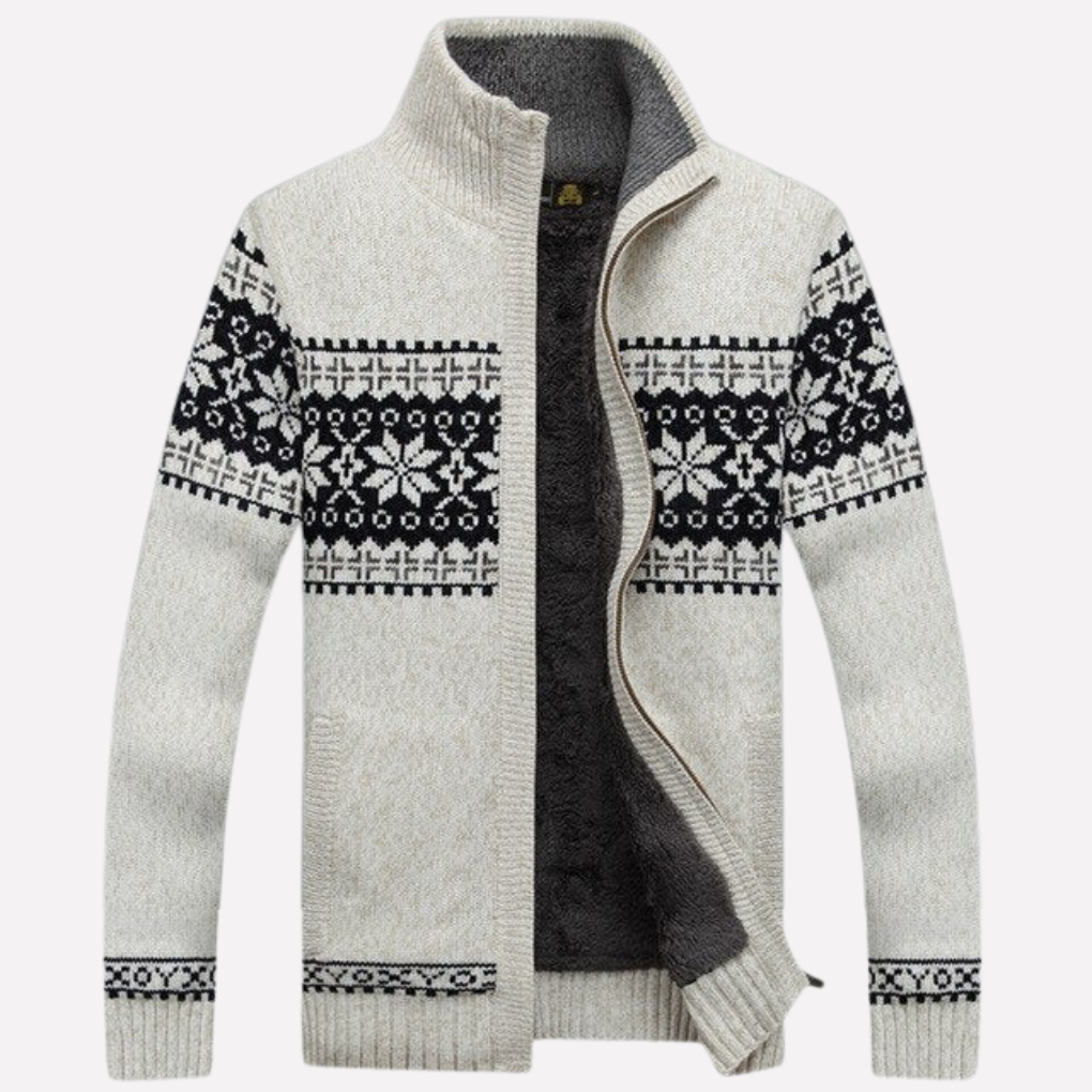 Detail of a men's knitted winter cardigan, highlighting its classic knit pattern & durable button-front closure.