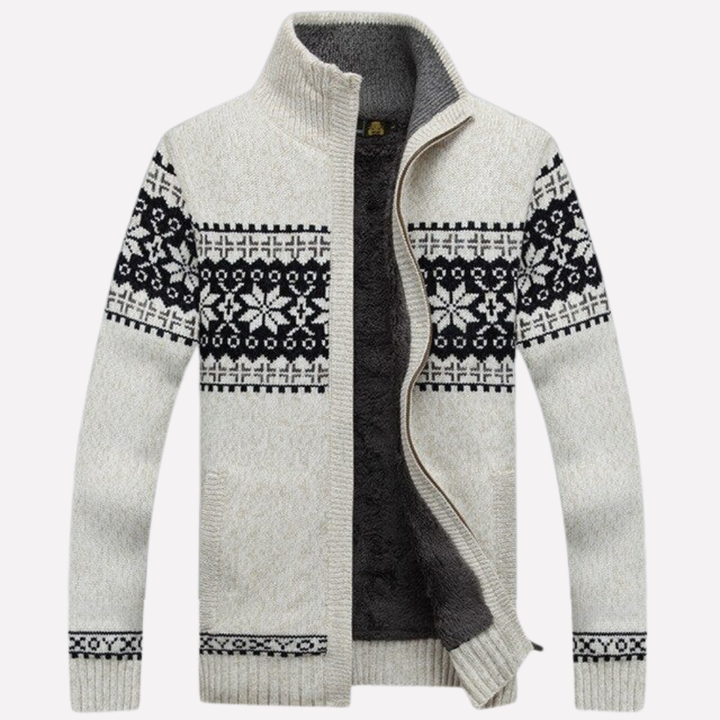 Detail of a men's knitted winter cardigan, highlighting its classic knit pattern & durable button-front closure.