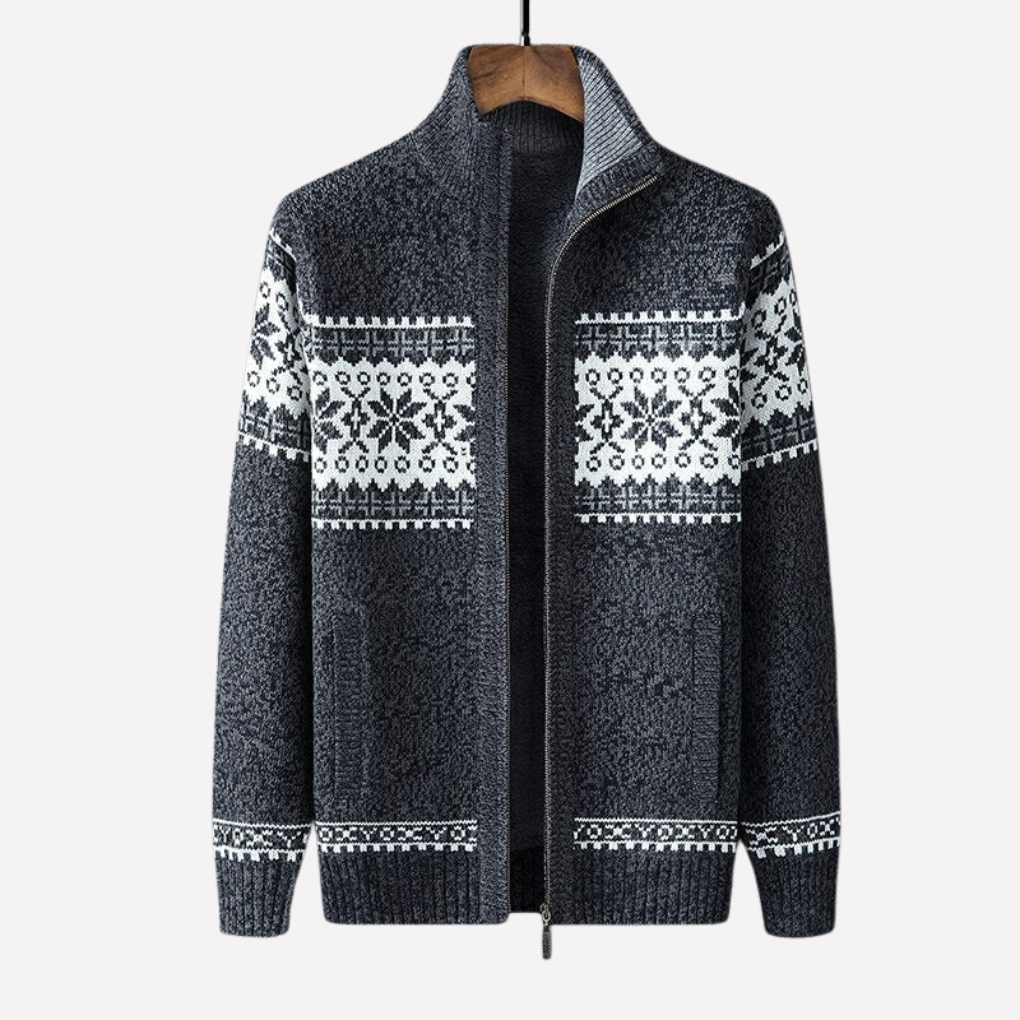 Men's long-sleeve knit winter cardigan, showcasing its relaxed fit & warm construction. Ideal cold weather outerwear.