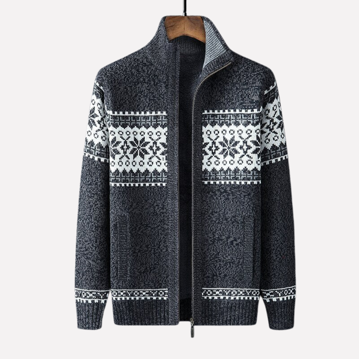 Men's long-sleeve knit winter cardigan, showcasing its relaxed fit & warm construction. Ideal cold weather outerwear.
