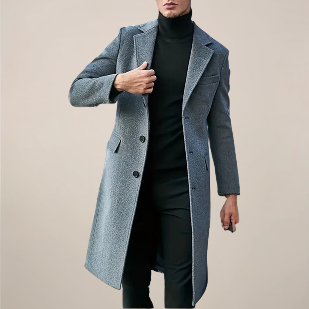 Men's classic lapel long overcoat, tailored fit for fall & winter. Stylish cold weather outerwear.