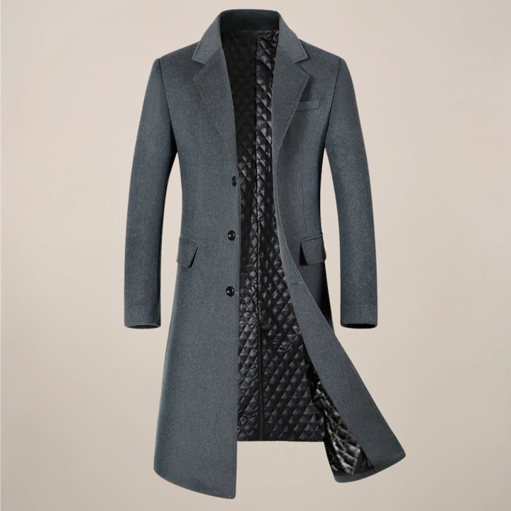 Elegant men's long trench coat with classic lapels, a sophisticated choice for fall & winter fashion.