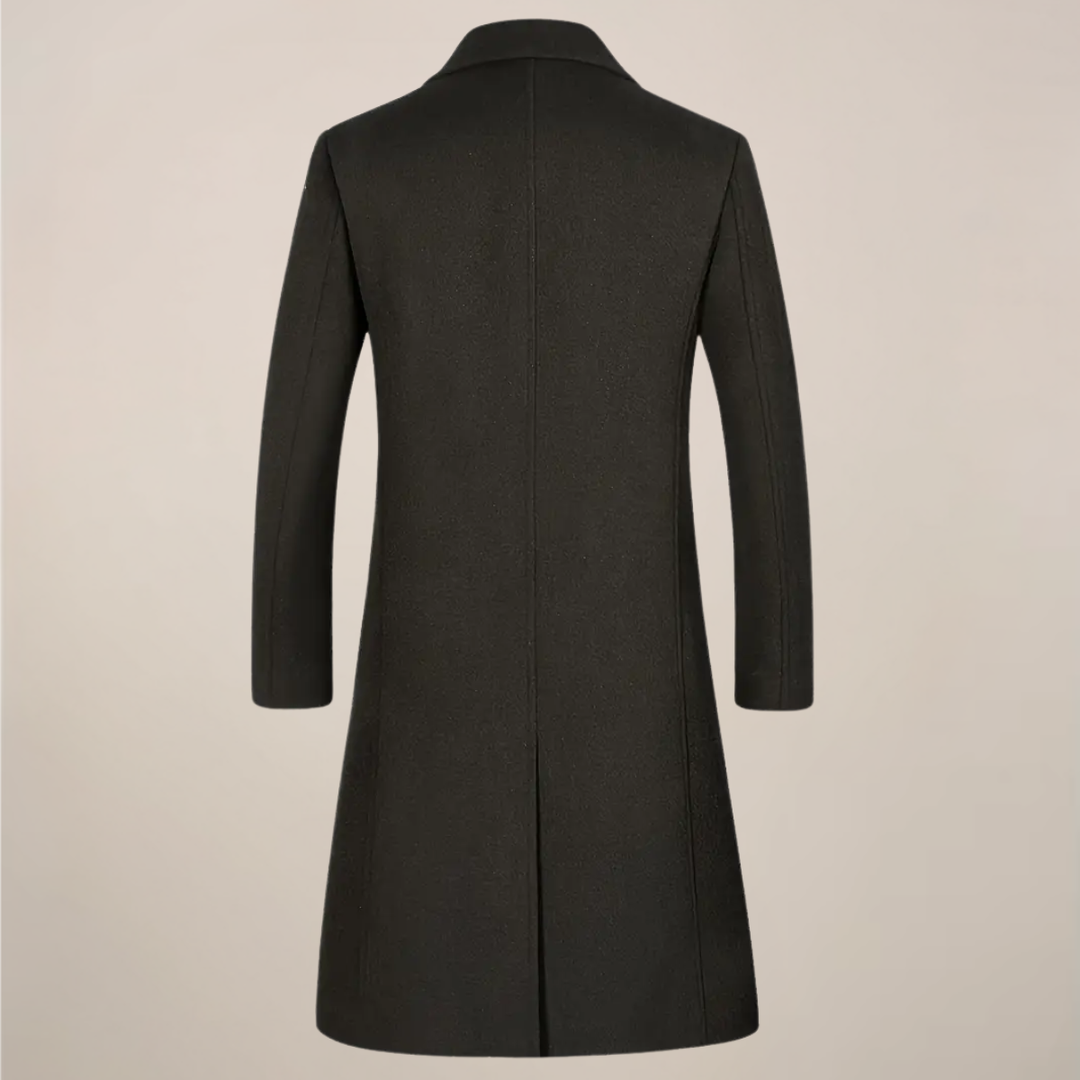 Men's long winter overcoat, featuring a timeless classic lapel and a sharp, tailored fit.