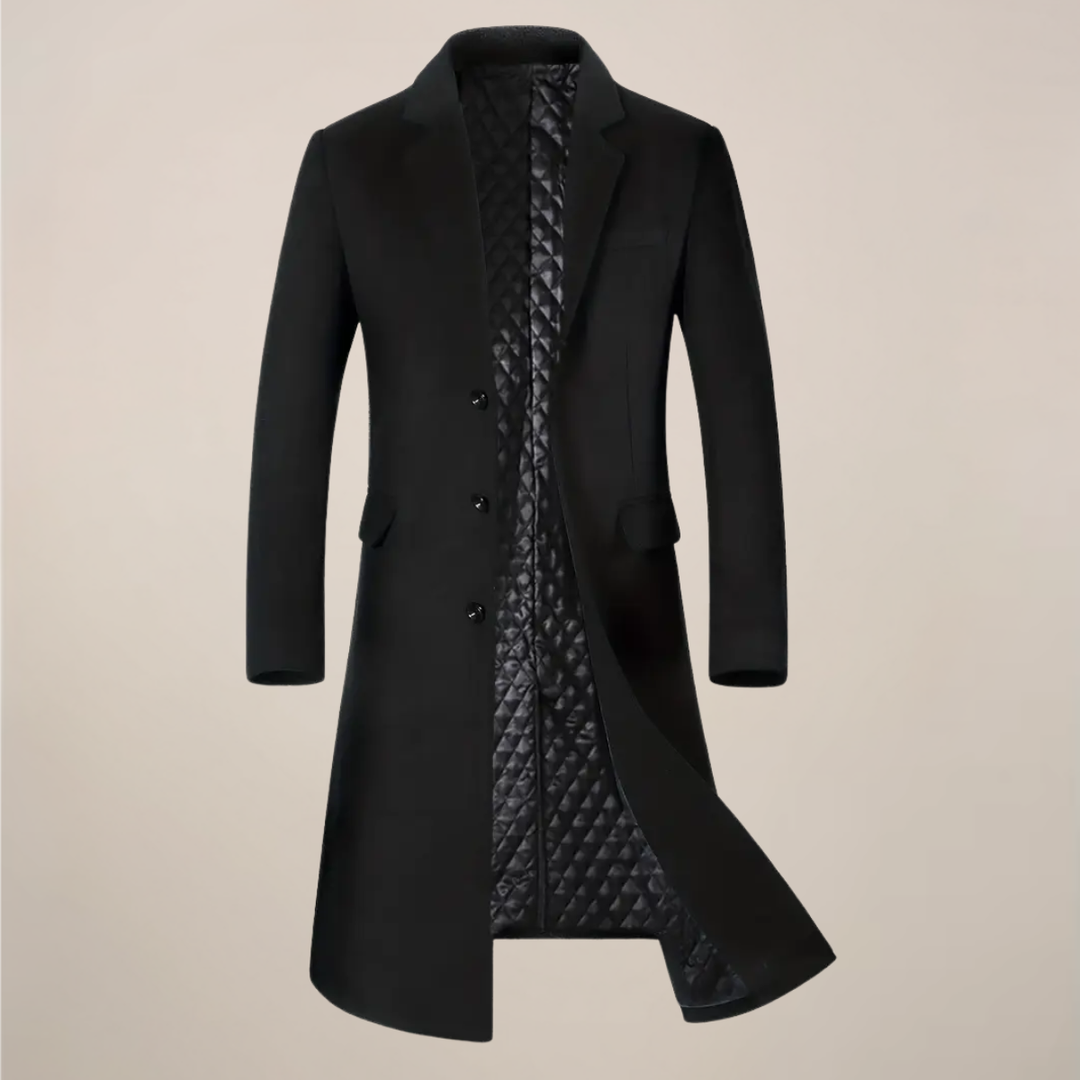 Warm & elegant men's long trench coat with classic lapels, perfect for fall & winter cold weather.
