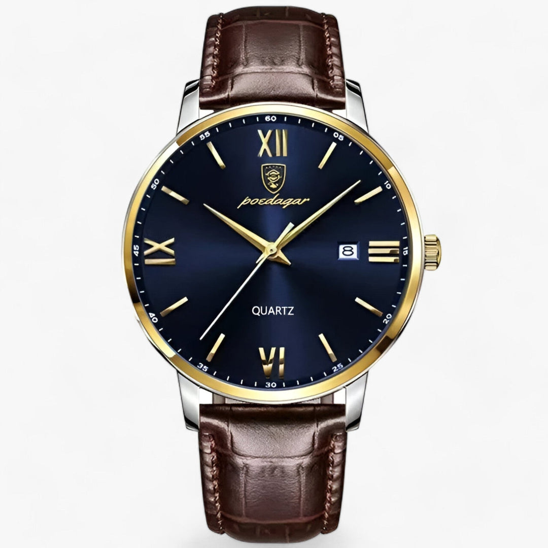 Classic men's timepiece featuring a durable leather strap and precise quartz movement, splash resistant.