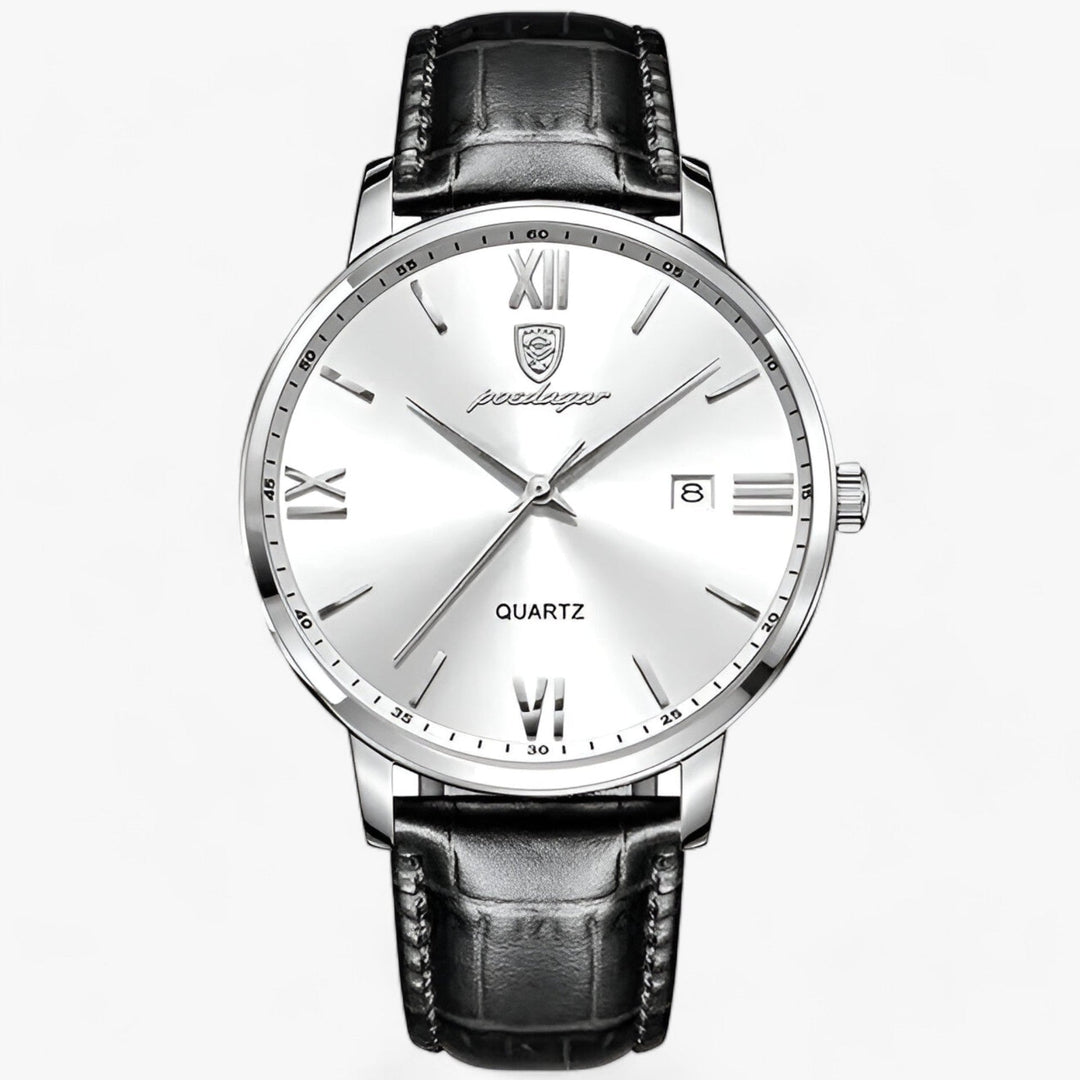 Stylish men's wrist watch with a black leather strap and round face, a sophisticated business or casual accessory.