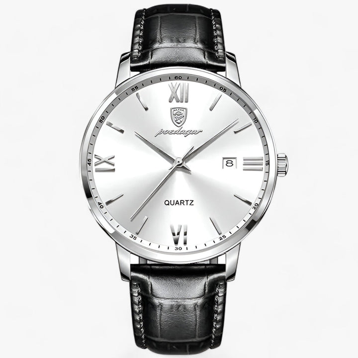 Stylish men's wrist watch with a black leather strap and round face, a sophisticated business or casual accessory.