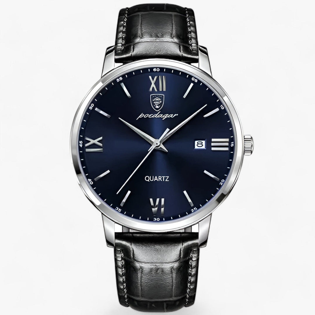 Men's elegant quartz watch with a brown leather strap, combining classic design with modern reliability.