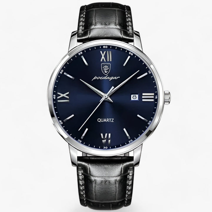 Men's elegant quartz watch with a brown leather strap, combining classic design with modern reliability.