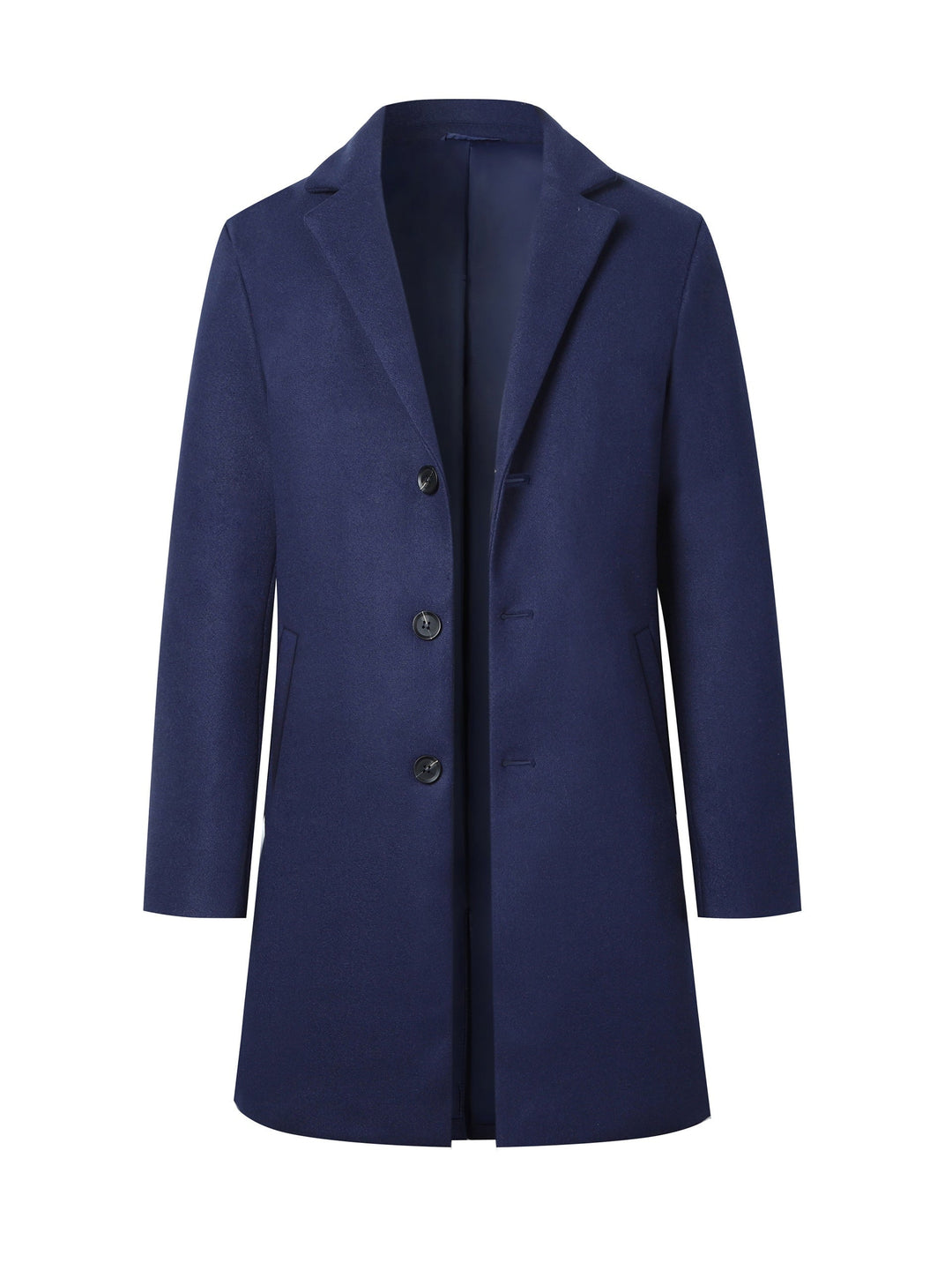 Men's classic long overcoat with stylish notch lapel design. Elegant trench coat for formal or casual wear.