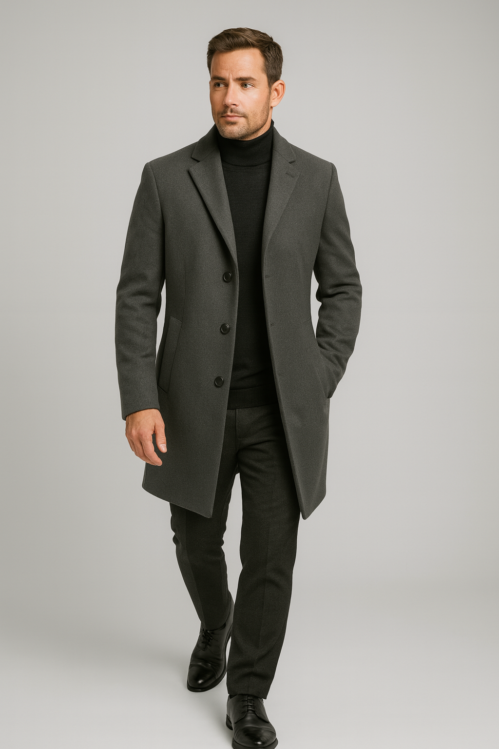 Men's formal long trench coat, classic outerwear with sophisticated notch lapel design for elegant style.