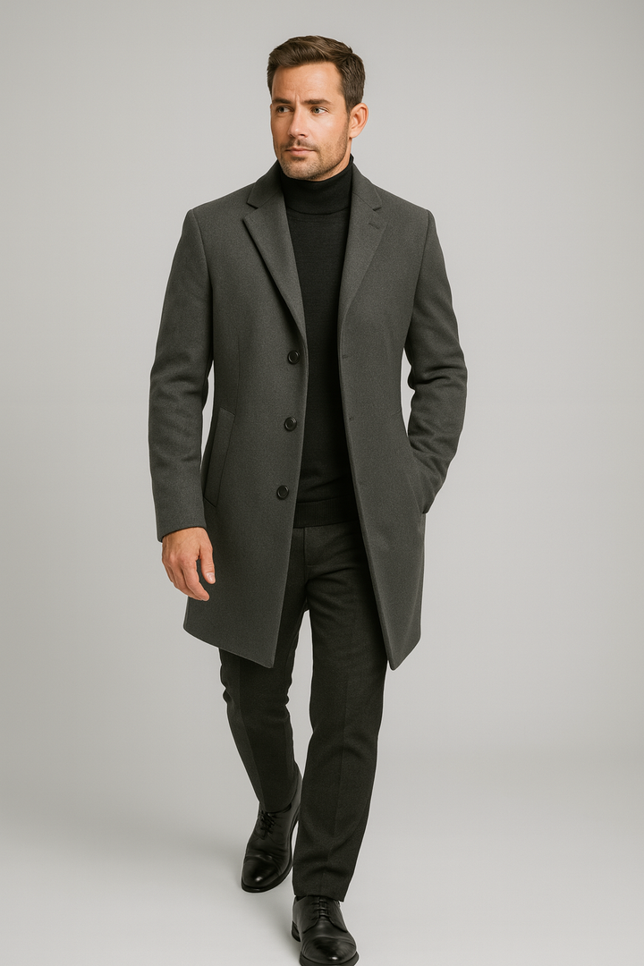 Men's formal long trench coat, classic outerwear with sophisticated notch lapel design for elegant style.