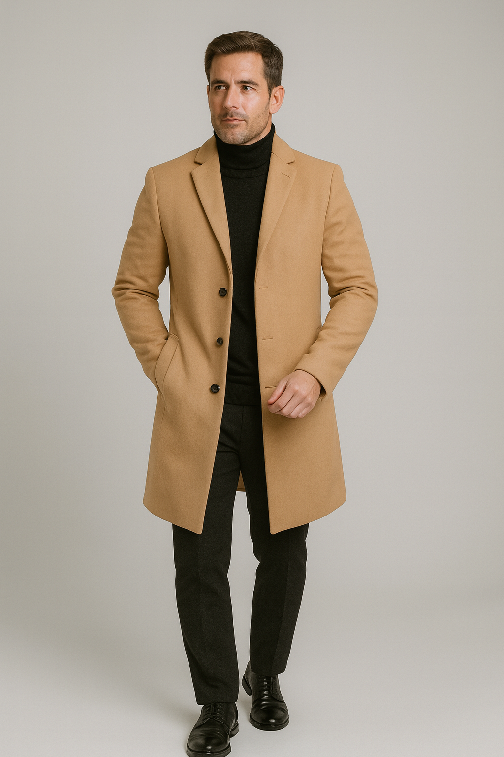Man wearing an elegant long trench coat, classic overcoat with notch lapel. Stylish men's fashion outerwear.