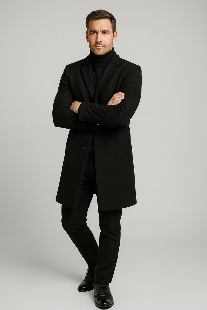 Close-up of a men's classic long overcoat's stylish notch lapel. Elegant trench coat detail.
