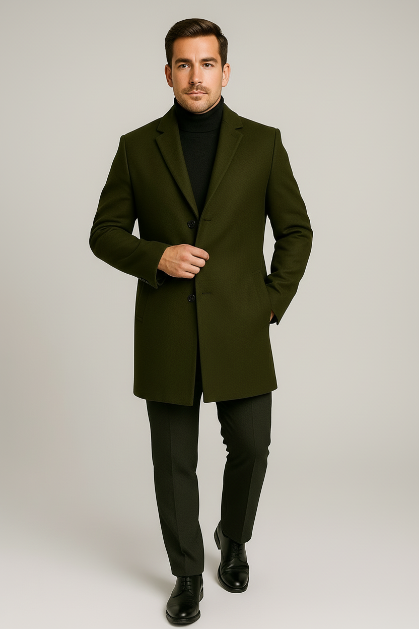 Men's classic long trench coat, a stylish and elegant overcoat with notch lapel for winter fashion.