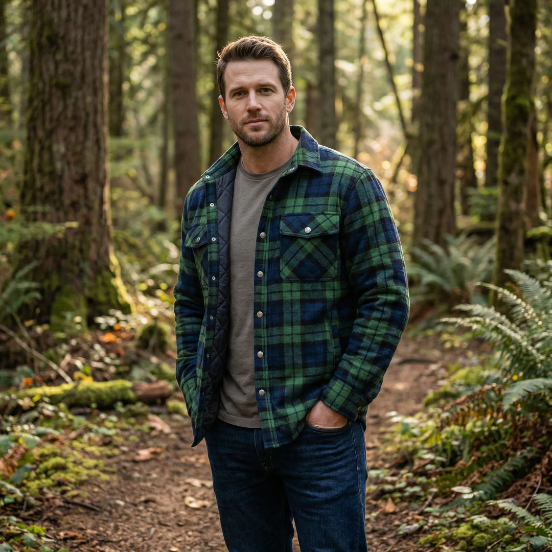 Men's classic plaid lumberjack jacket, warm & stylish. Perfect for fall & winter outerwear.