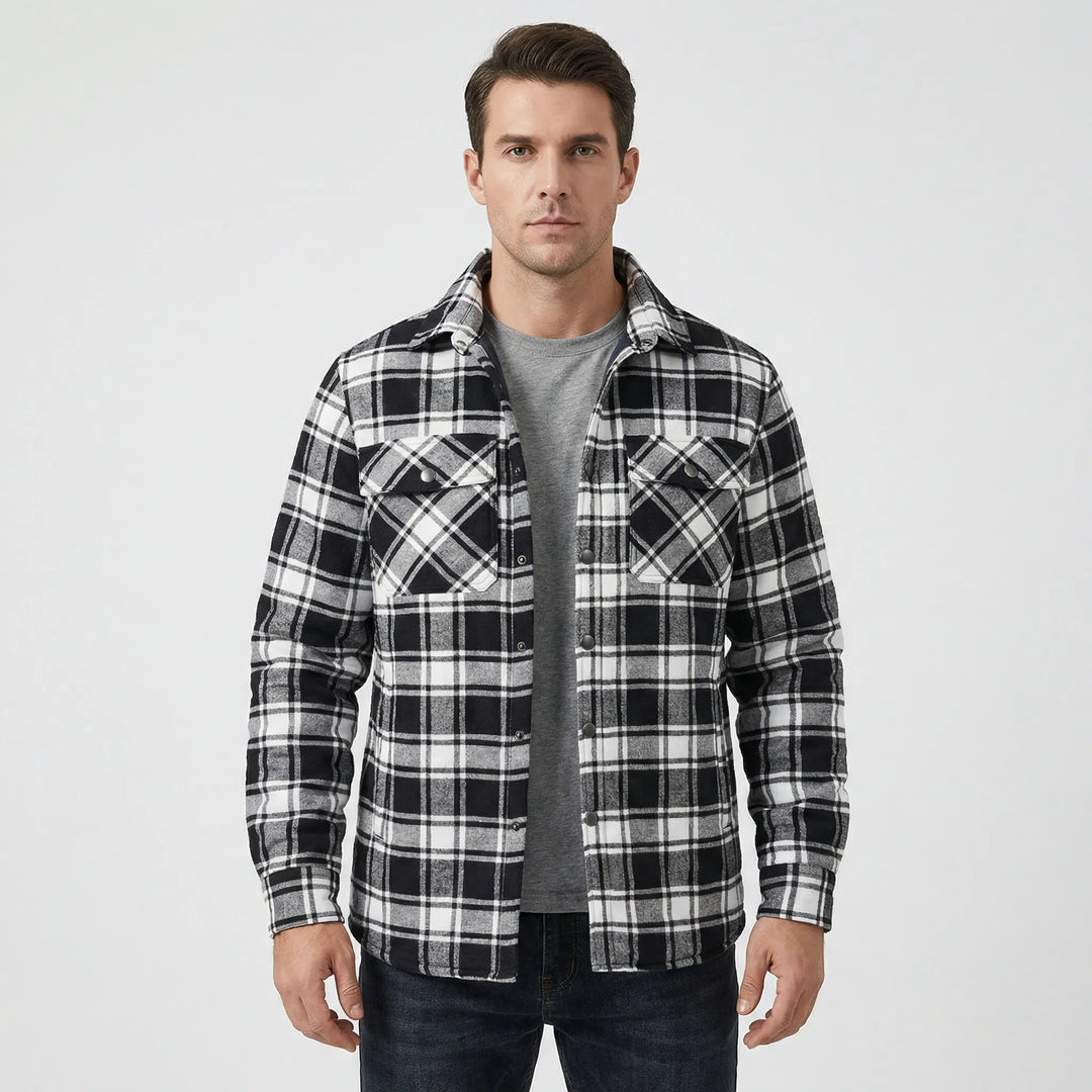 Classic men's plaid lumberjack jacket, warm & durable for fall and winter activities.
