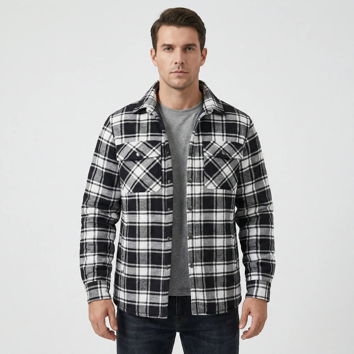 Classic men's plaid lumberjack jacket, warm & durable for fall and winter activities.
