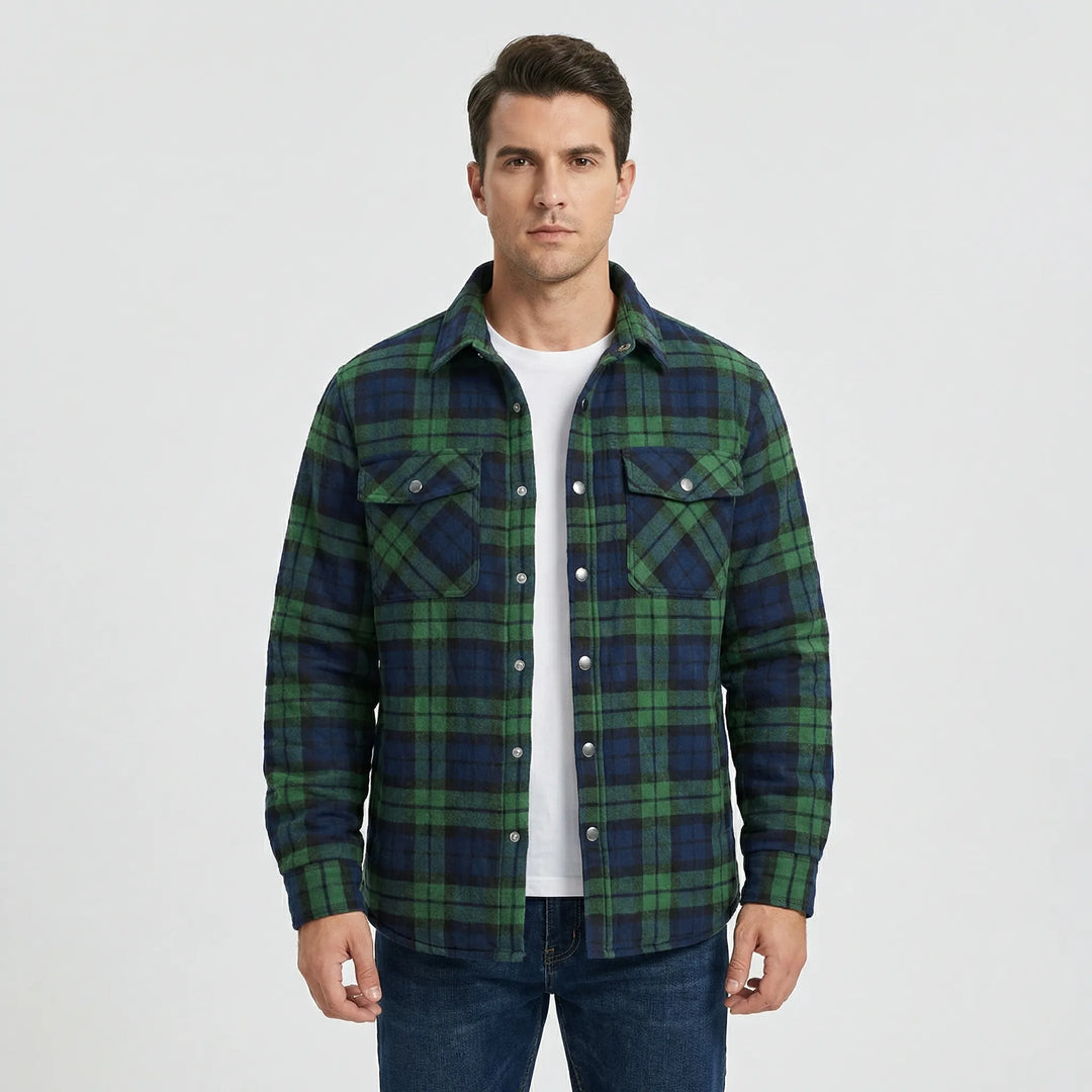 Warm men's retro plaid lumberjack jacket with snap buttons. Ideal casual outerwear for fall fashion.