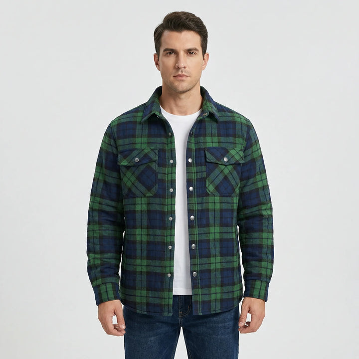 Warm men's retro plaid lumberjack jacket with snap buttons. Ideal casual outerwear for fall fashion.