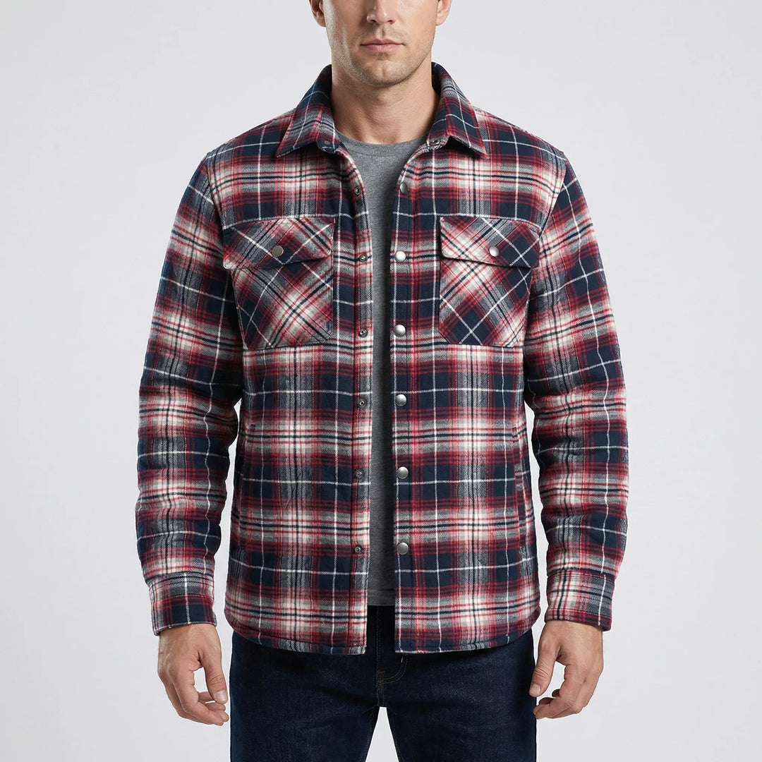 Men's warm plaid lumberjack jacket in classic retro style. Snap button casual outerwear.