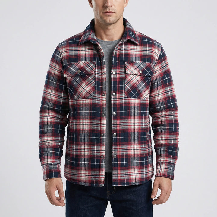Men's warm plaid lumberjack jacket in classic retro style. Snap button casual outerwear.