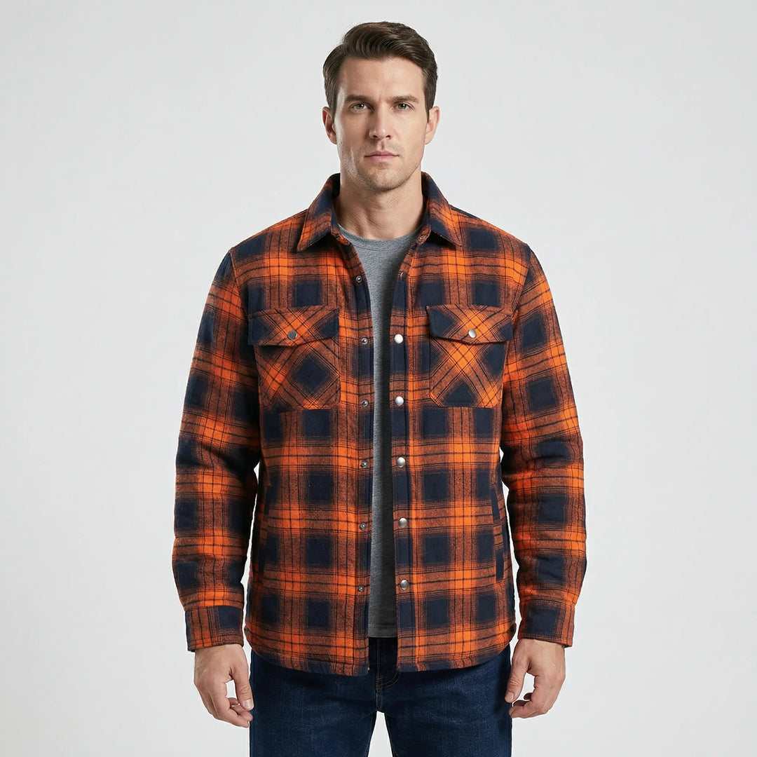 Classic men's lumberjack jacket with iconic plaid pattern. Warm for fall & winter wear.