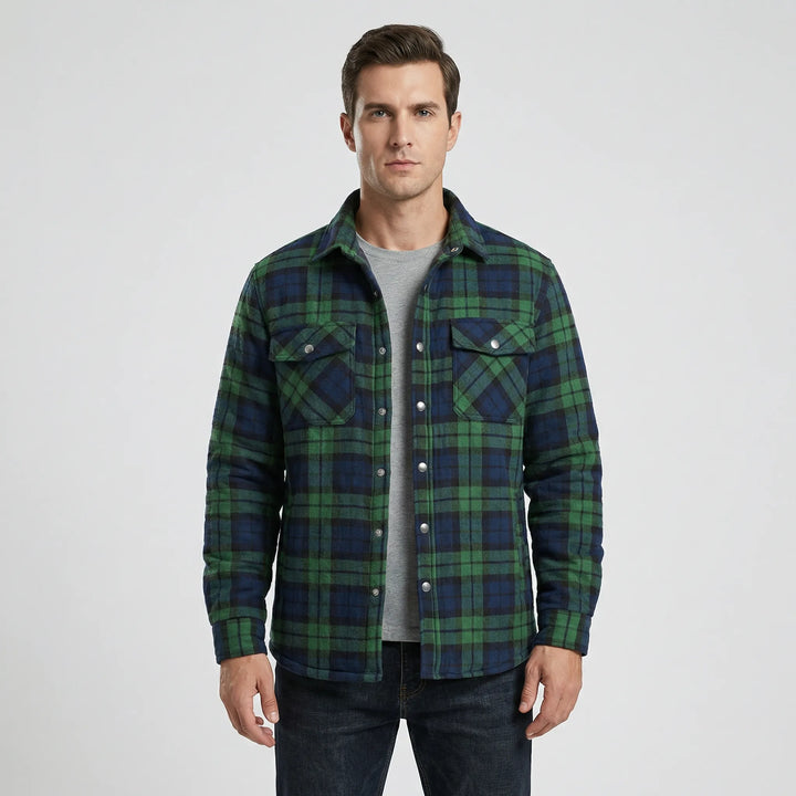 Retro style men's warm plaid lumberjack jacket for casual fall and winter fashion.