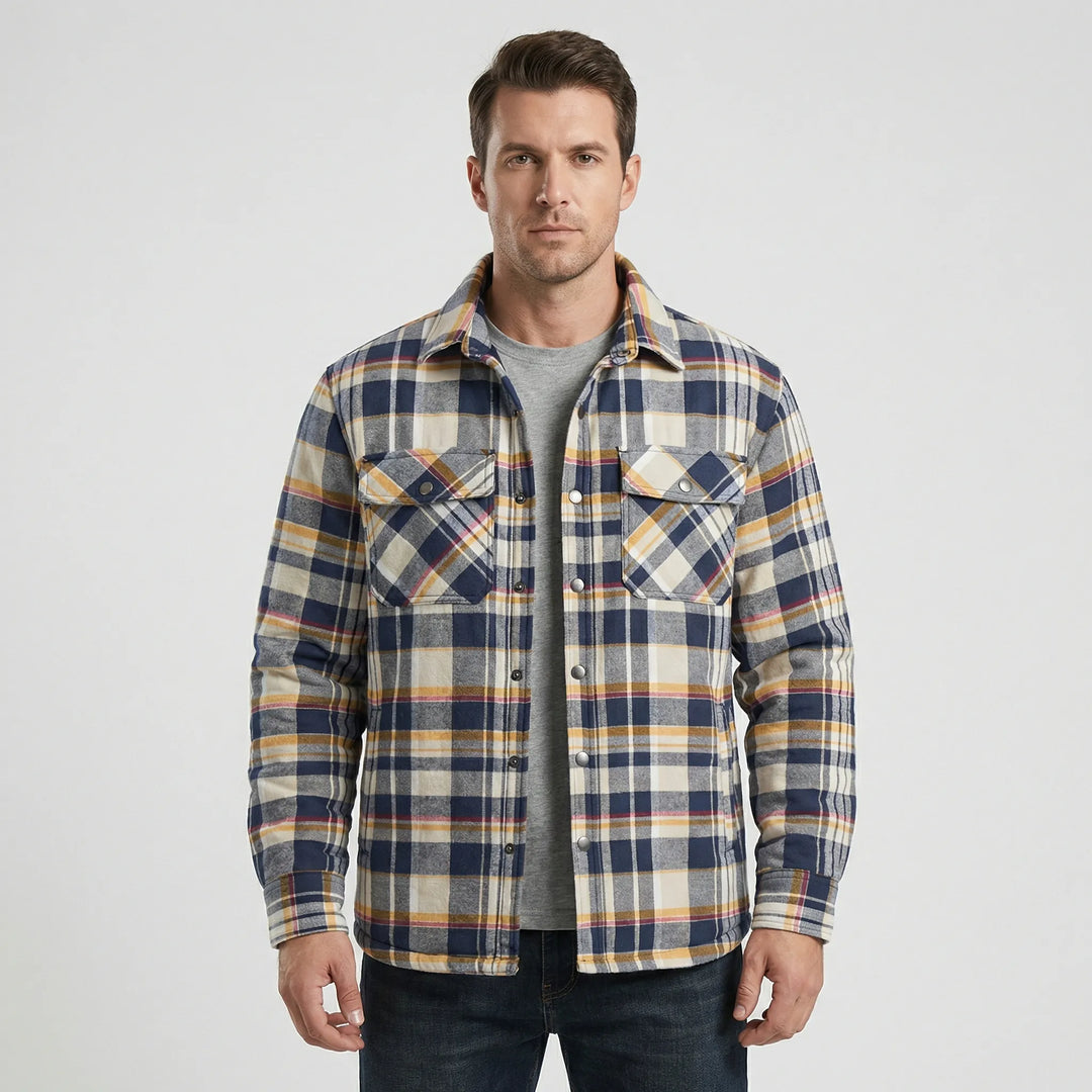 Men's stylish lumberjack jacket, classic plaid pattern, snap buttons. Warm casual outerwear.
