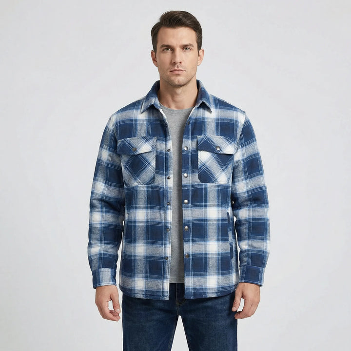 Men's casual retro lumberjack jacket. Warm checkered plaid, snap button fall outerwear.