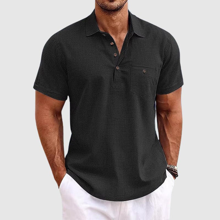 Short sleeve men's polo shirt featuring a chest pocket. A classic wardrobe staple for summer style and comfort.