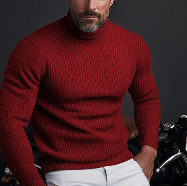 Men's classic ribbed knit turtleneck sweater in a slim fit, perfect for warm winter style and layering.