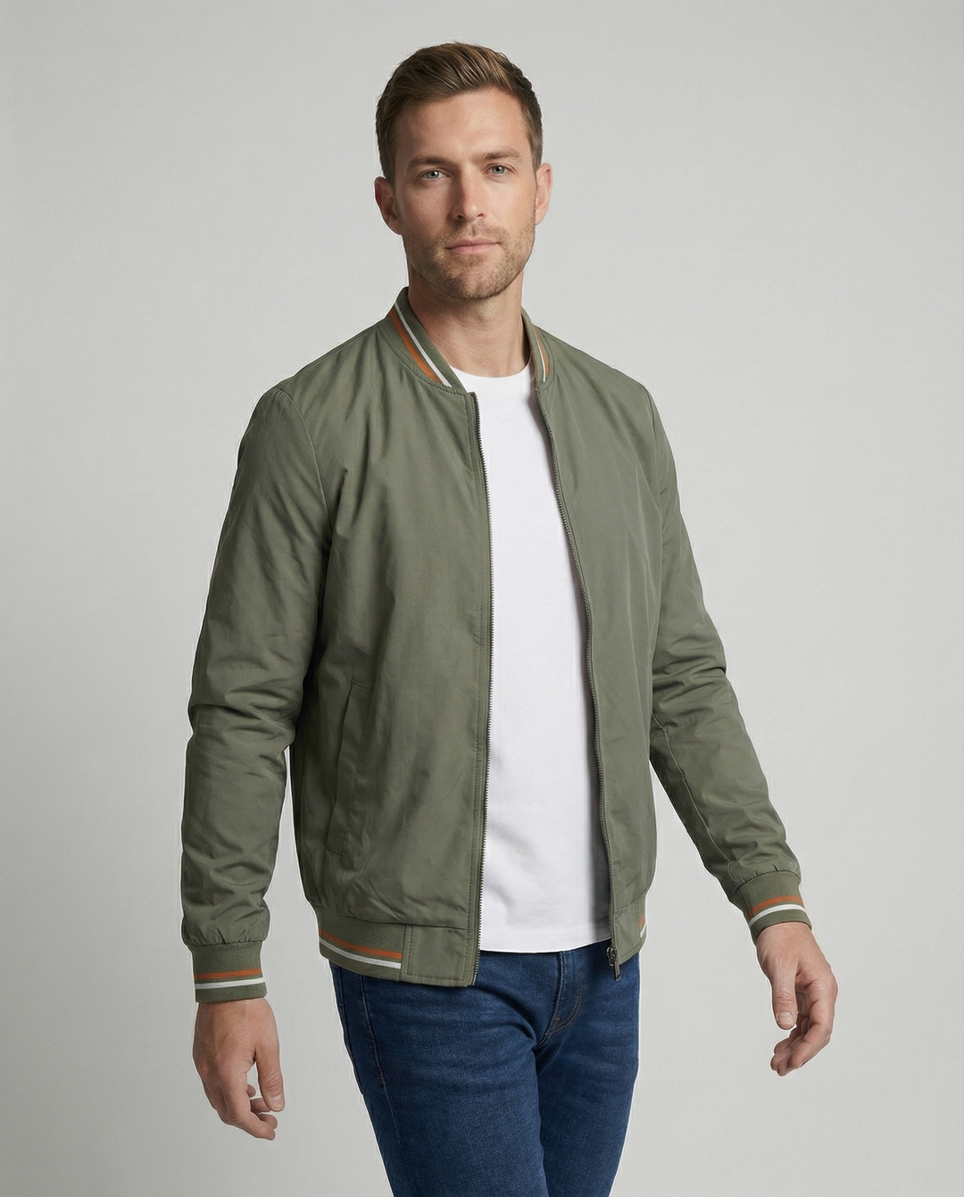 Men's classic ribbed trim bomber jacket, versatile outerwear for fall/spring fashion.