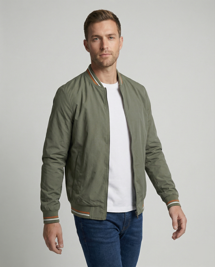 Men's classic ribbed trim bomber jacket, versatile outerwear for fall/spring fashion.