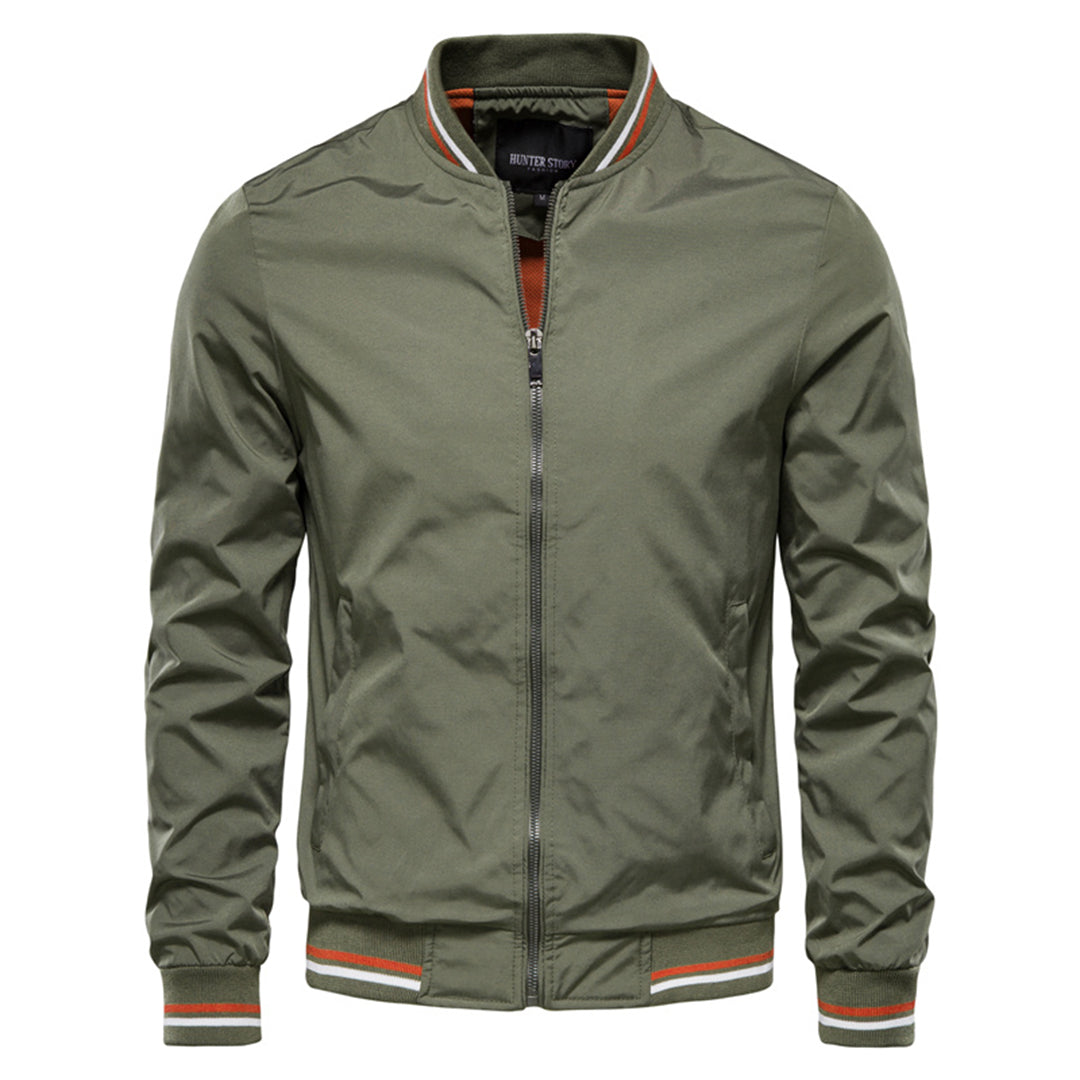 Zippered men's classic bomber jacket with ribbed trim, stylish and versatile casual outerwear.