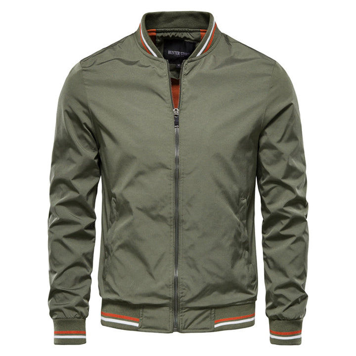 Zippered men's classic bomber jacket with ribbed trim, stylish and versatile casual outerwear.