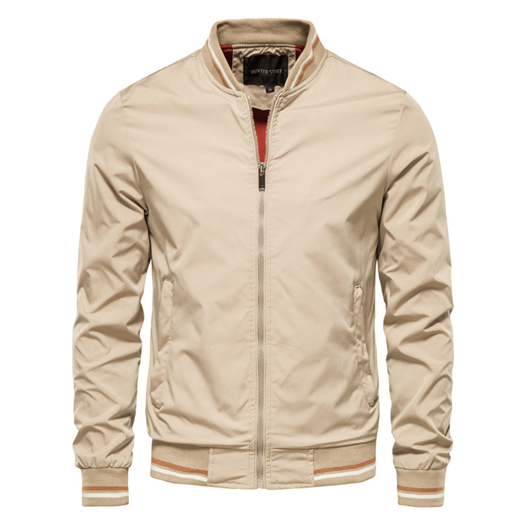 Fall/spring men's bomber jacket, a classic ribbed trim outerwear piece for versatile casual fashion.