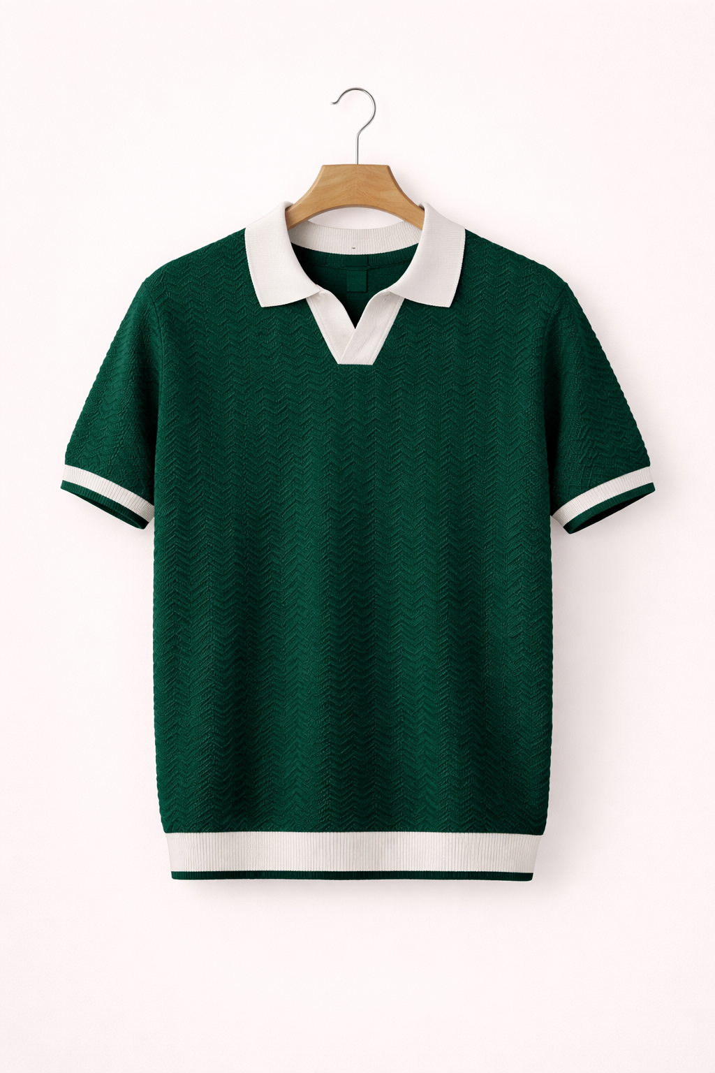 Close-up of a men's classic polo shirt fabric, highlighting its quality and comfortable short sleeve design.