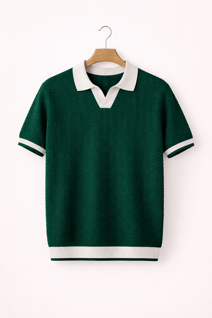 Close-up of a men's classic polo shirt fabric, highlighting its quality and comfortable short sleeve design.