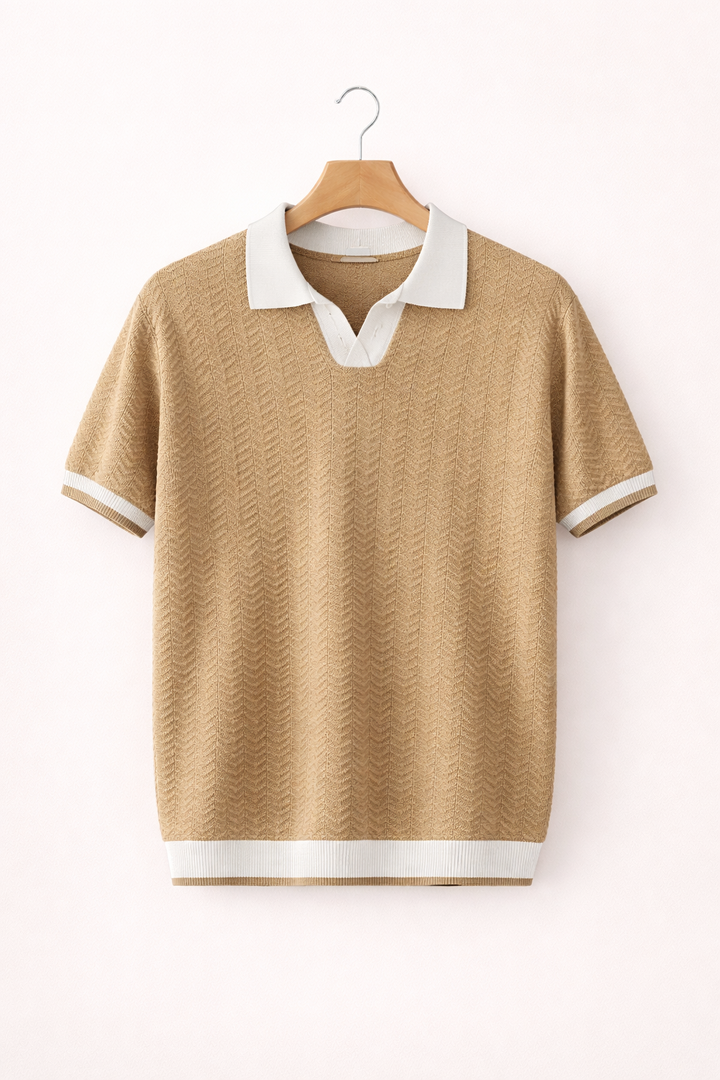 Man wearing a men's classic short sleeve polo shirt, demonstrating its modern fit and casual style.