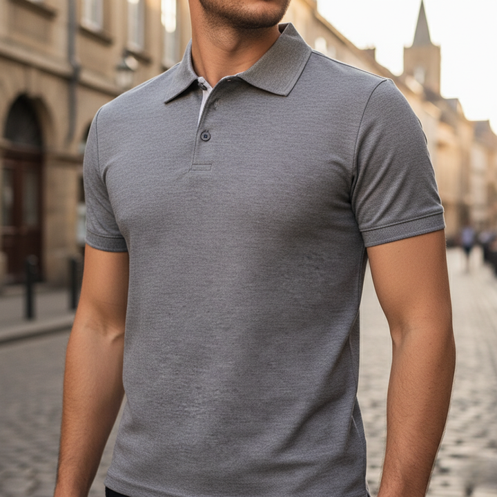 Men's classic short sleeve polo shirt, solid color. Ideal casual button polo for everyday men's fashion.